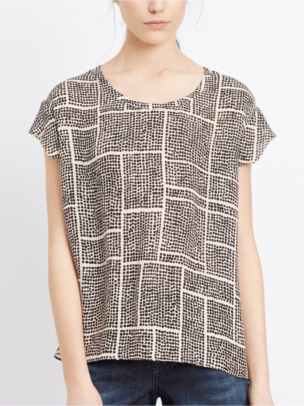 Vince 100% Silk Geometric Dot Grid Blouse Raw Edge Top Black Ivory S